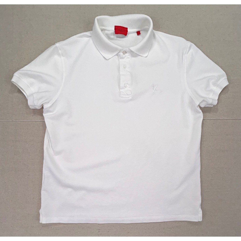Isaia Napoli Mens Small White Cotton Pique Short Sleeve Polo Embroidered Italy